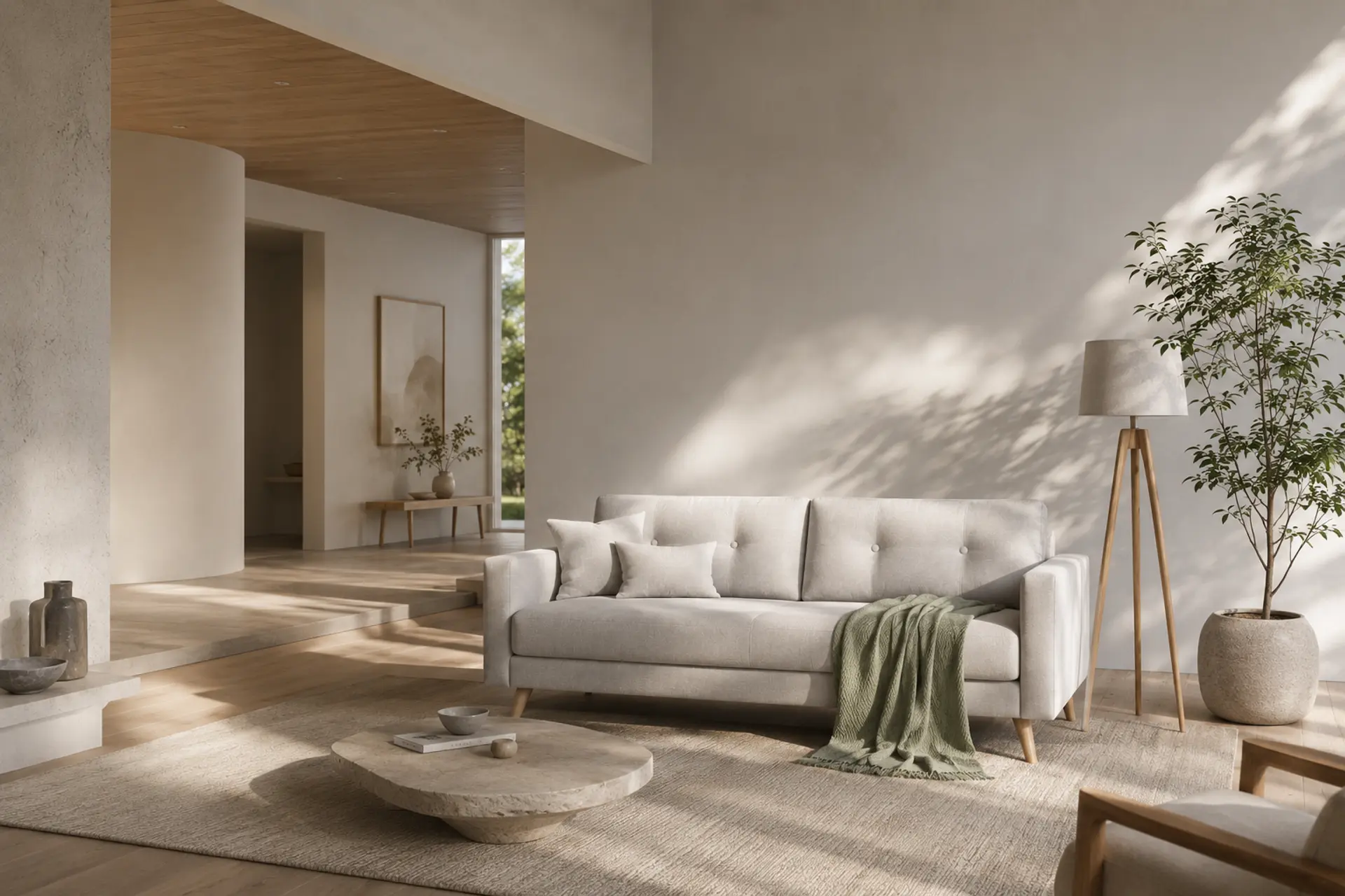 Bright, calm Montreal living room — soft afternoon light across linen sofa and oak floors
